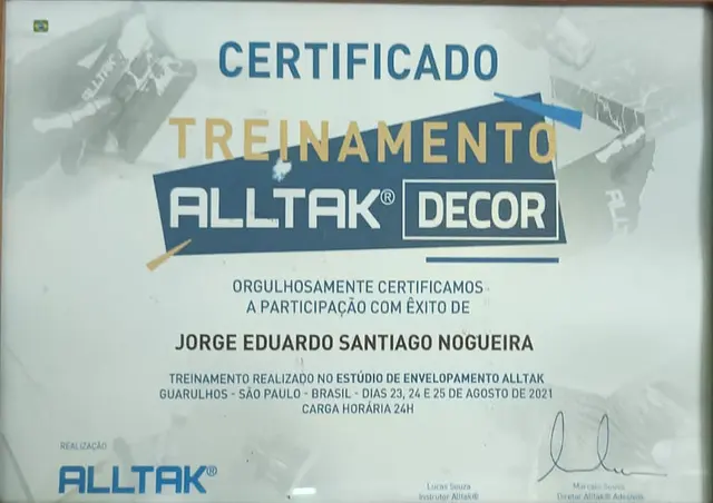 Certificado: Treinamento Alltak Decor (envelopamento) – Alltak, Guarulhos-SP, 24 horas (2021)