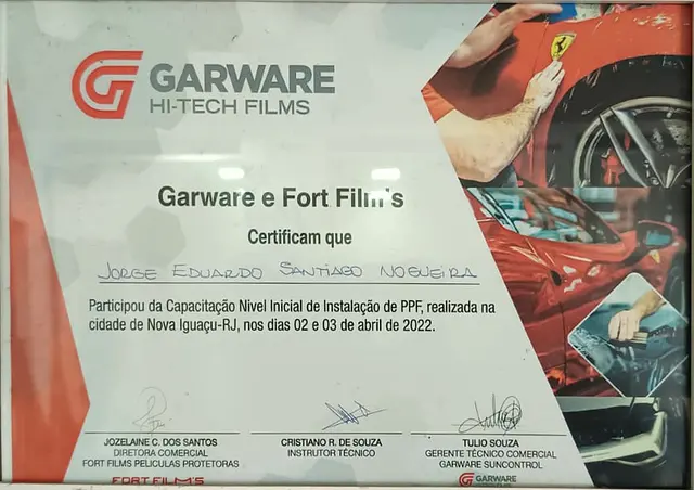 Certificado: Capacitação em instalação de PPF – Garware e Fort Film’s, Nova Iguaçu-RJ (2022)