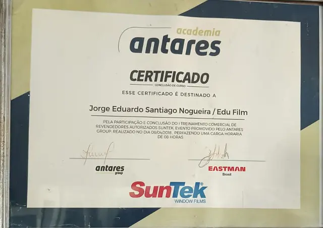 Certificado: Treinamento Comercial de Revendedores Autorizados SunTek – Antares Group, Eastman (2018)