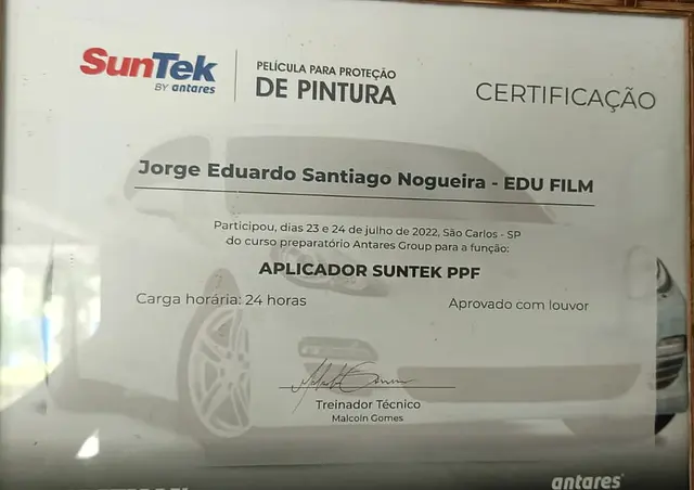 Certificado: Aplicador SunTek PPF, aprovado com louvor – SunTek by Antares, São Carlos-SP, 24 horas (2022)