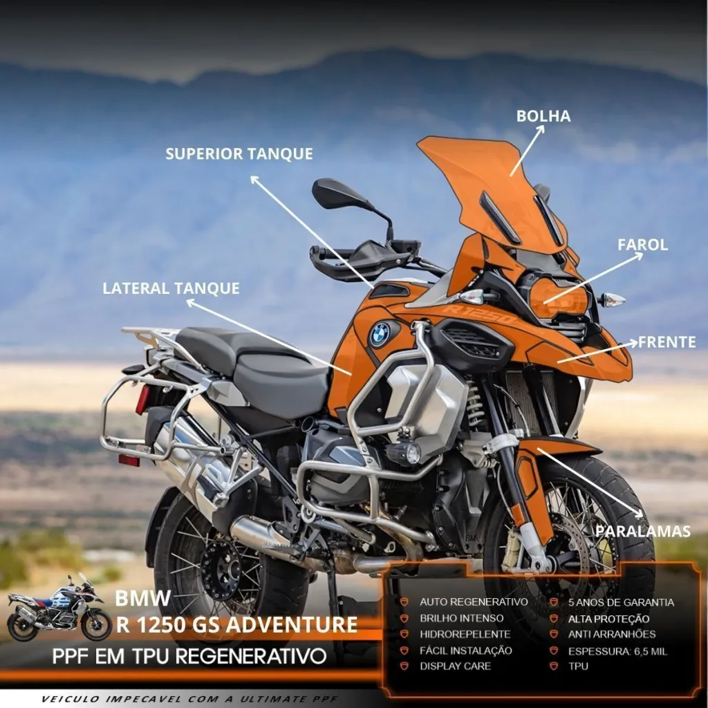 Infográfico das áreas de aplicação de PPF em uma BMW R 1250 GS Adventure: superior e lateral do tanque, bolha, farol, frente e paralamas