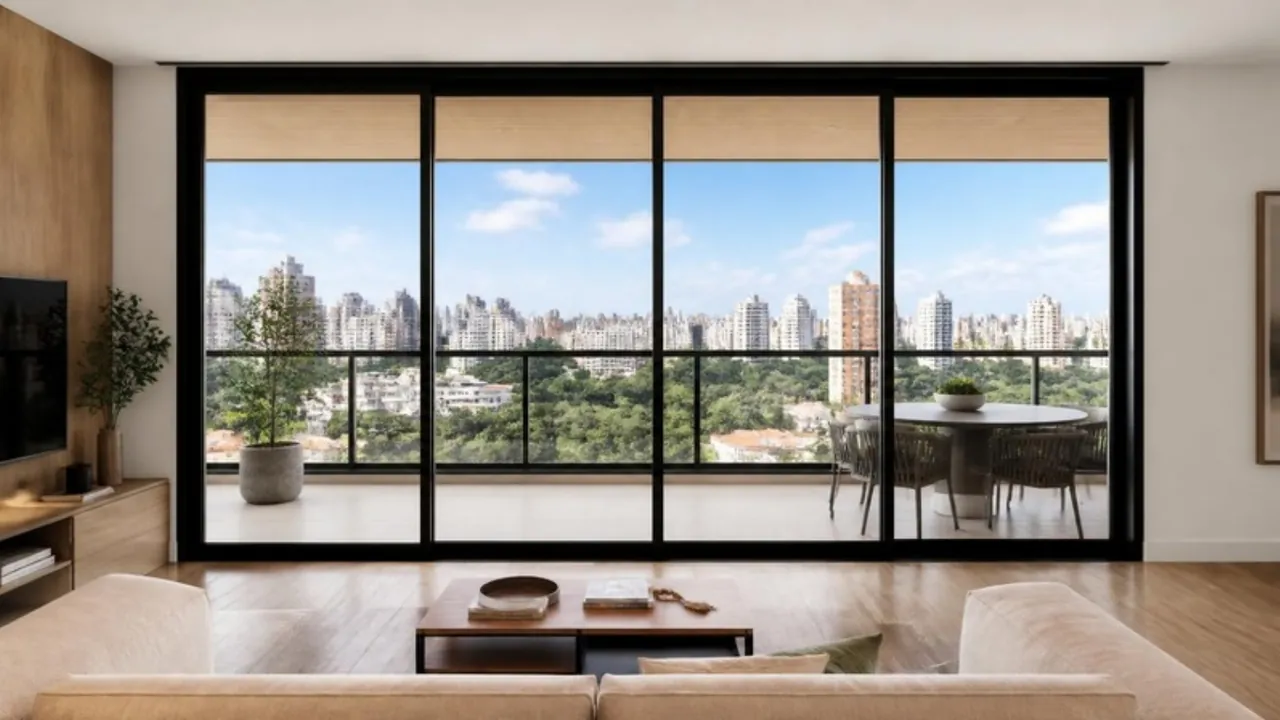 Sala com janela, vista de dentro de dia, com Fumê G20.